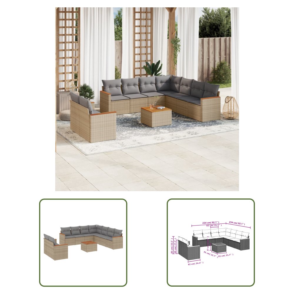 The Living Store 10-cz. zestaw mebli ogrodowych z poduszkami - beżowy - polirattan - Sofa Ogrodowa
