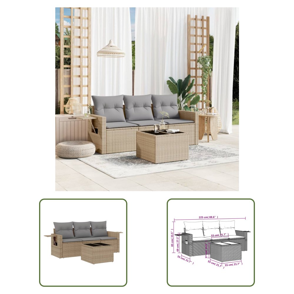 The Living Store 4-cz. zestaw mebli ogrodowych z poduszkami - beżowy - polirattan - Sofa Ogrodowa