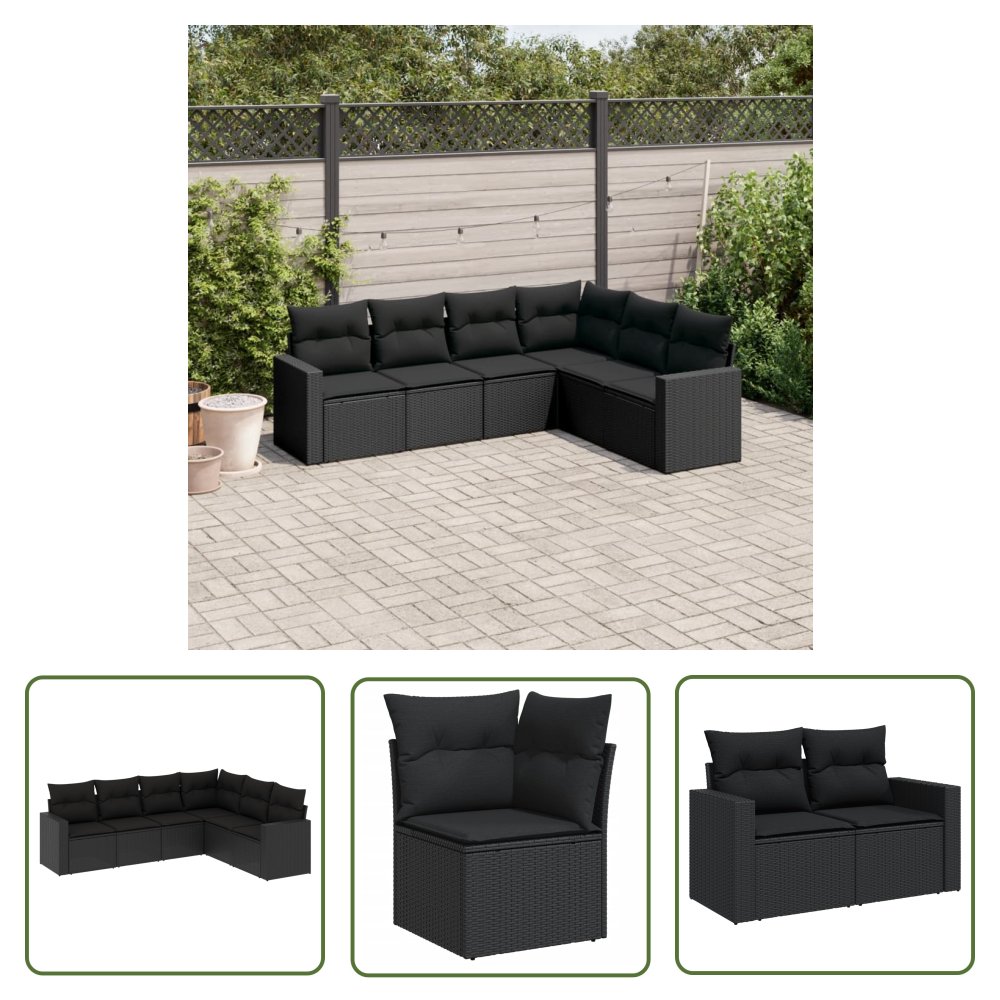 The Living Store 6-cz. zestaw mebli ogrodowych z poduszkami - czarny polirattan - Sofa Ogrodowa