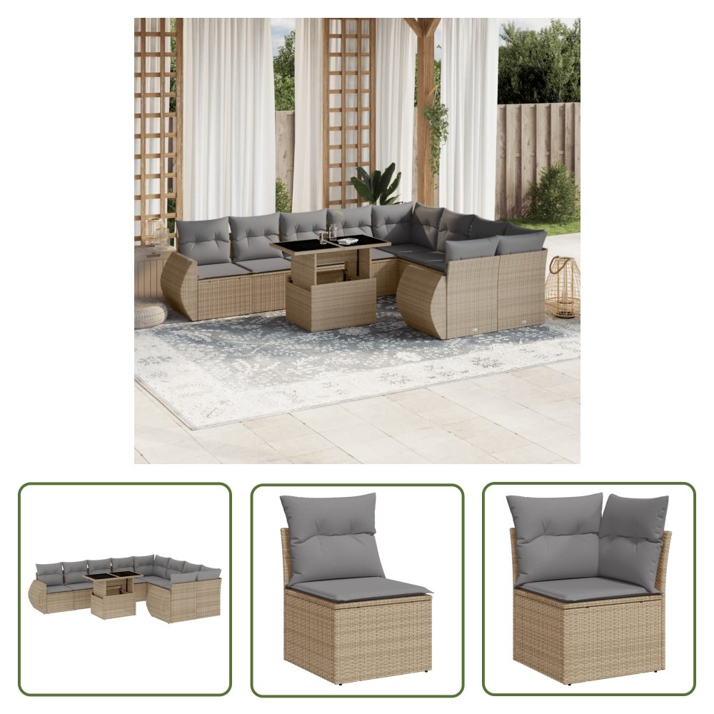 The Living Store 10-cz. zestaw mebli ogrodowych z poduszkami - beżowy - polirattan - Sofa Ogrodowa