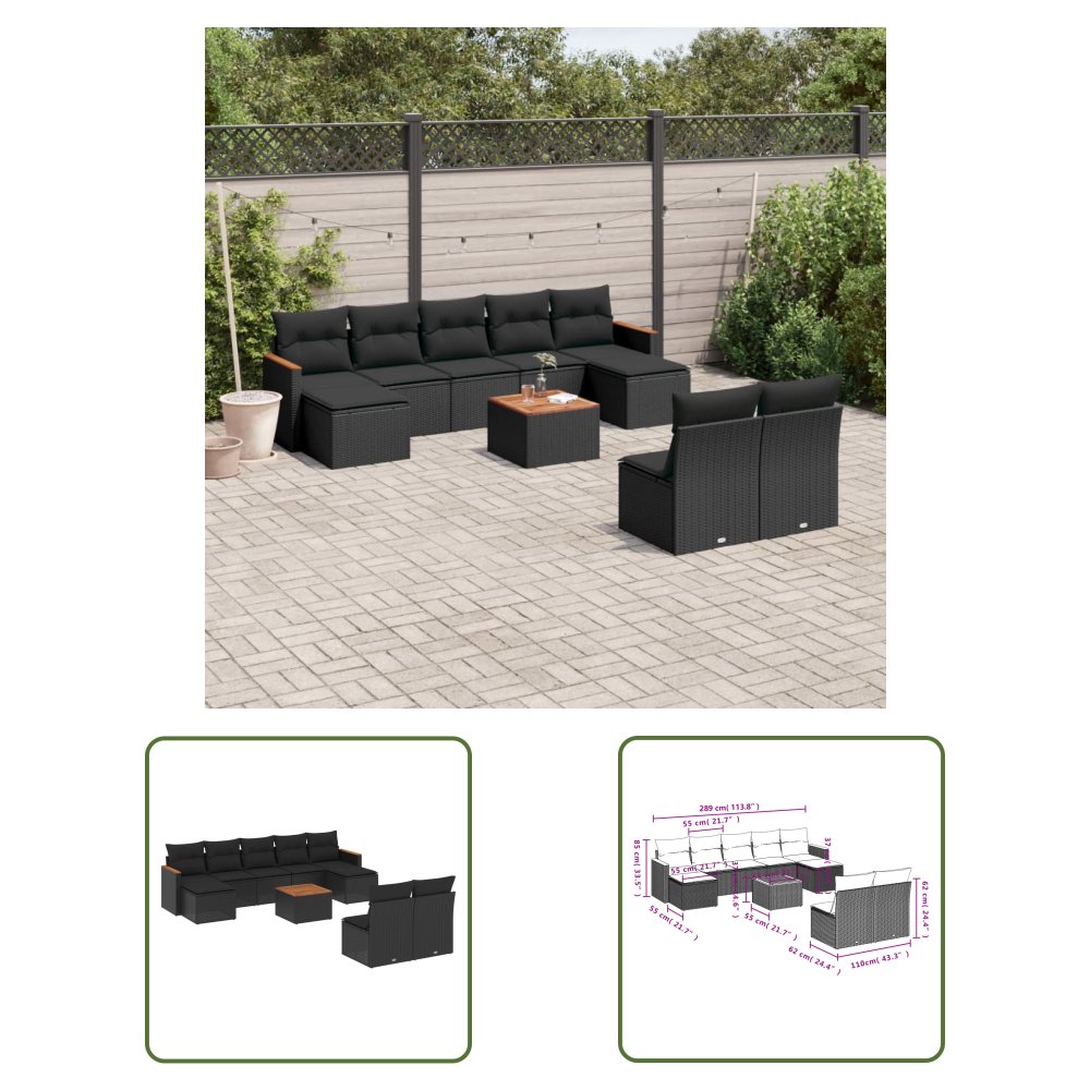 The Living Store 10-cz. zestaw wypoczynkowy do ogrodu - poduszki czarny rattan PE - Sofa Ogrodowa