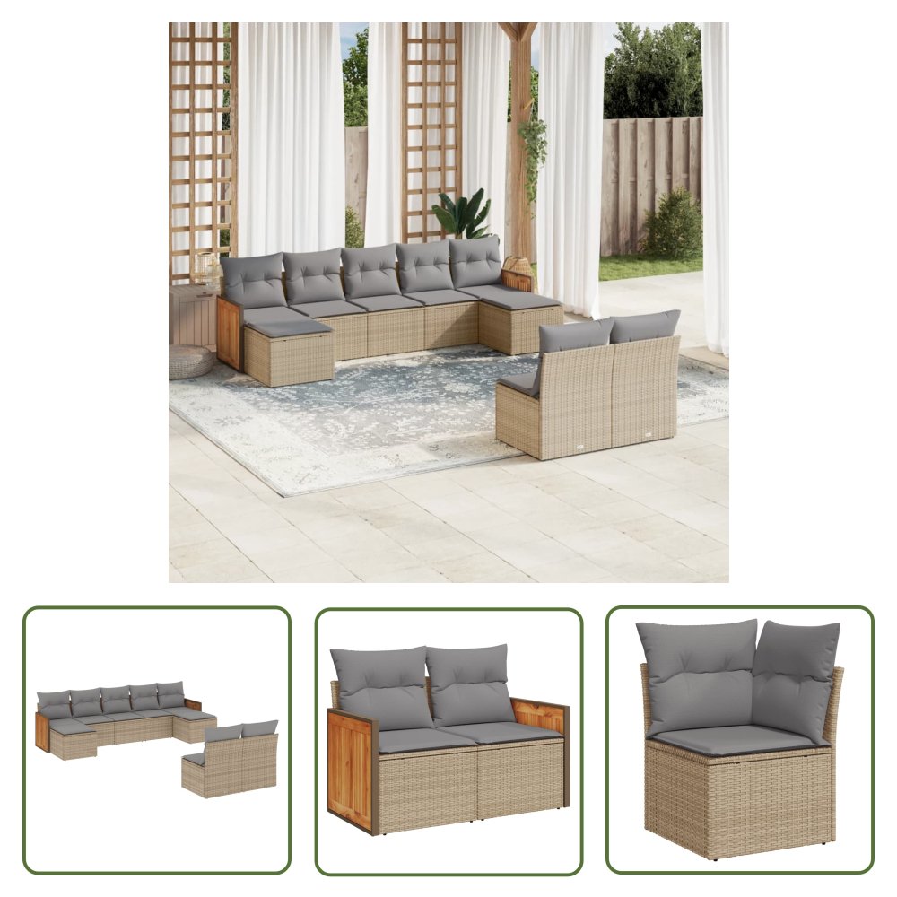 The Living Store 9-cz. zestaw mebli ogrodowych z poduszkami - beżowy - polirattan - Sofa Ogrodowa