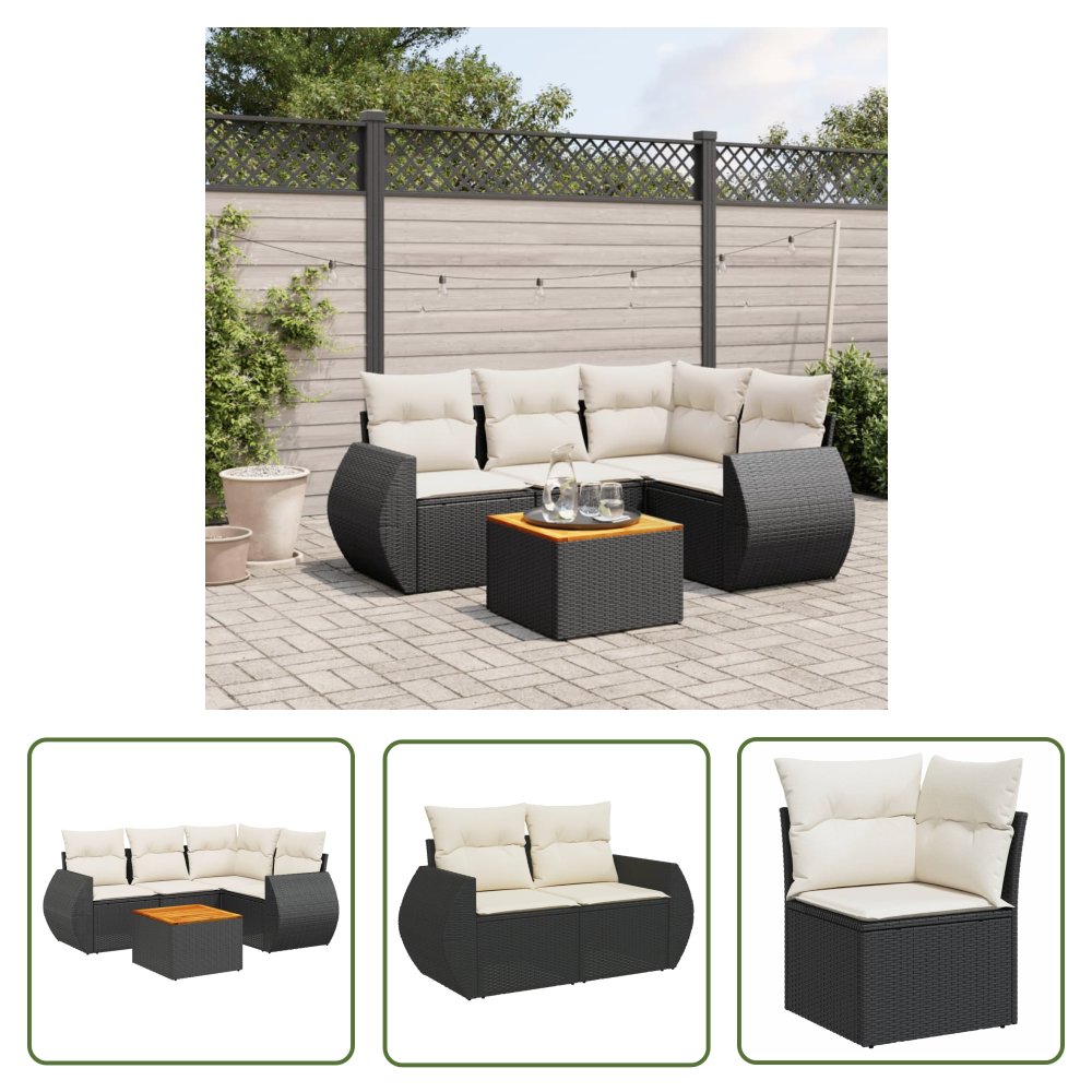 The Living Store 5-cz. zestaw wypoczynkowy do ogrodu - poduszki - czarny rattan PE - Sofa Ogrodowa