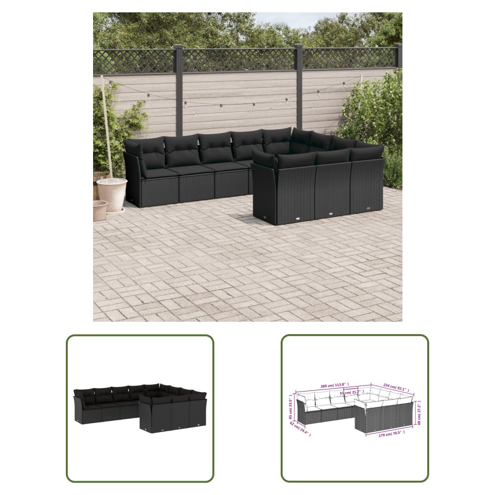 The Living Store 10-cz. zestaw wypoczynkowy do ogrodu - poduszki czarny rattan PE - Sofa Ogrodowa