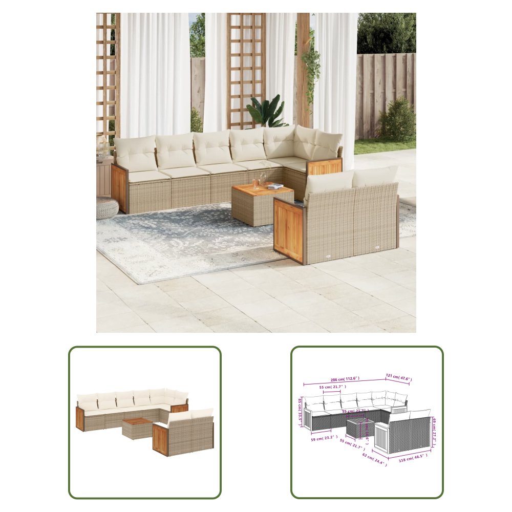 The Living Store 9-cz. zestaw mebli ogrodowych z poduszkami - beżowy - polirattan - Sofa Ogrodowa
