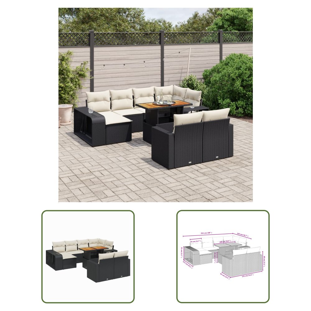 The Living Store 11-cz. zestaw wypoczynkowy do ogrodu - poduszki czarny rattan PE - Sofa Ogrodowa