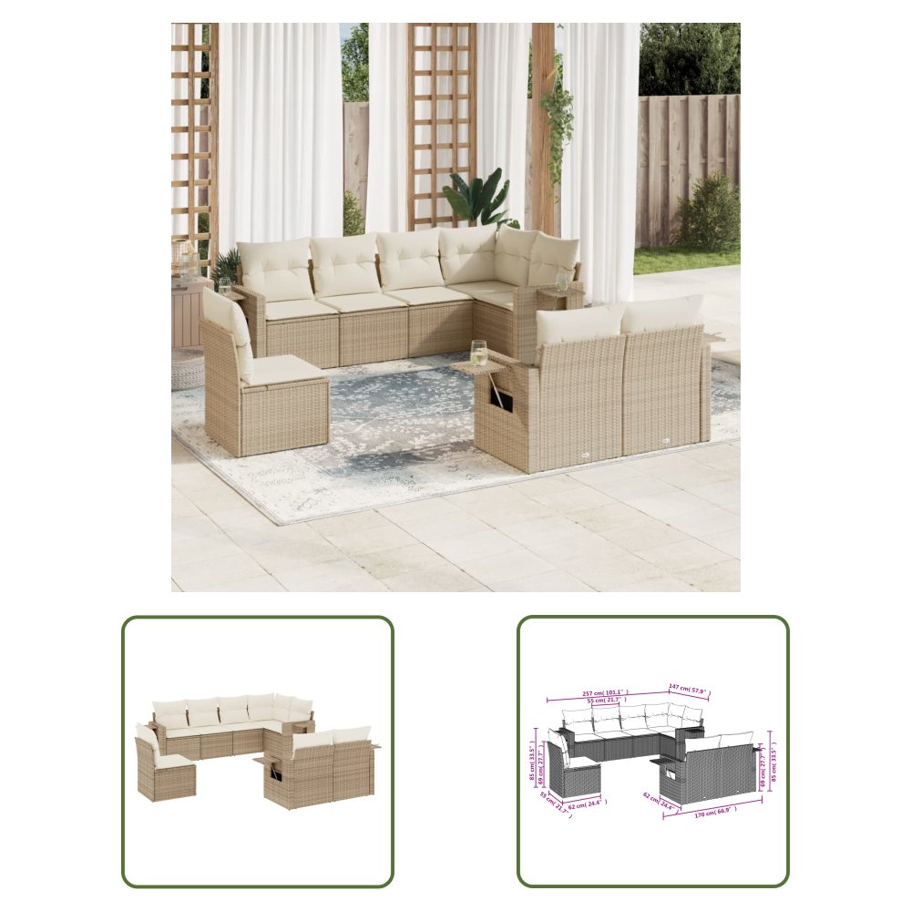The Living Store 8-cz. zestaw mebli ogrodowych z poduszkami - beżowy - polirattan - Sofa Ogrodowa