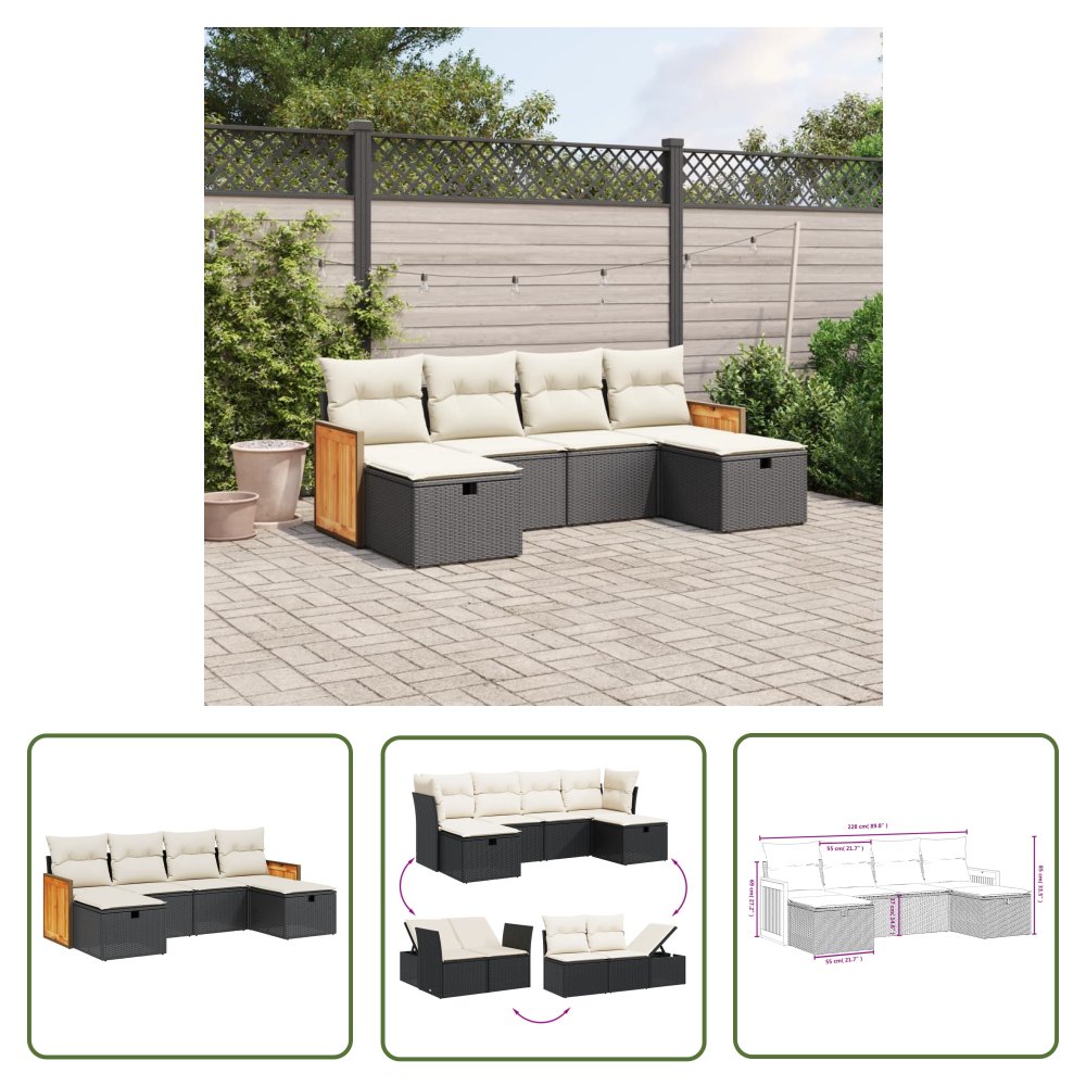 The Living Store 6-cz. zestaw mebli ogrodowych z poduszkami - czarny polirattan - Sofa Ogrodowa