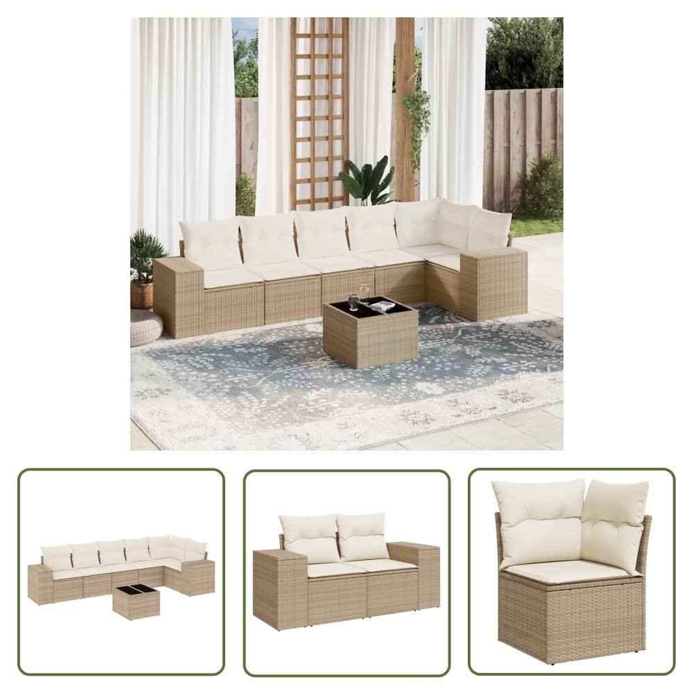 The Living Store 7-cz. zestaw wypoczynkowy do ogrodu - z poduszkami - beżowy - Sofa Ogrodowa