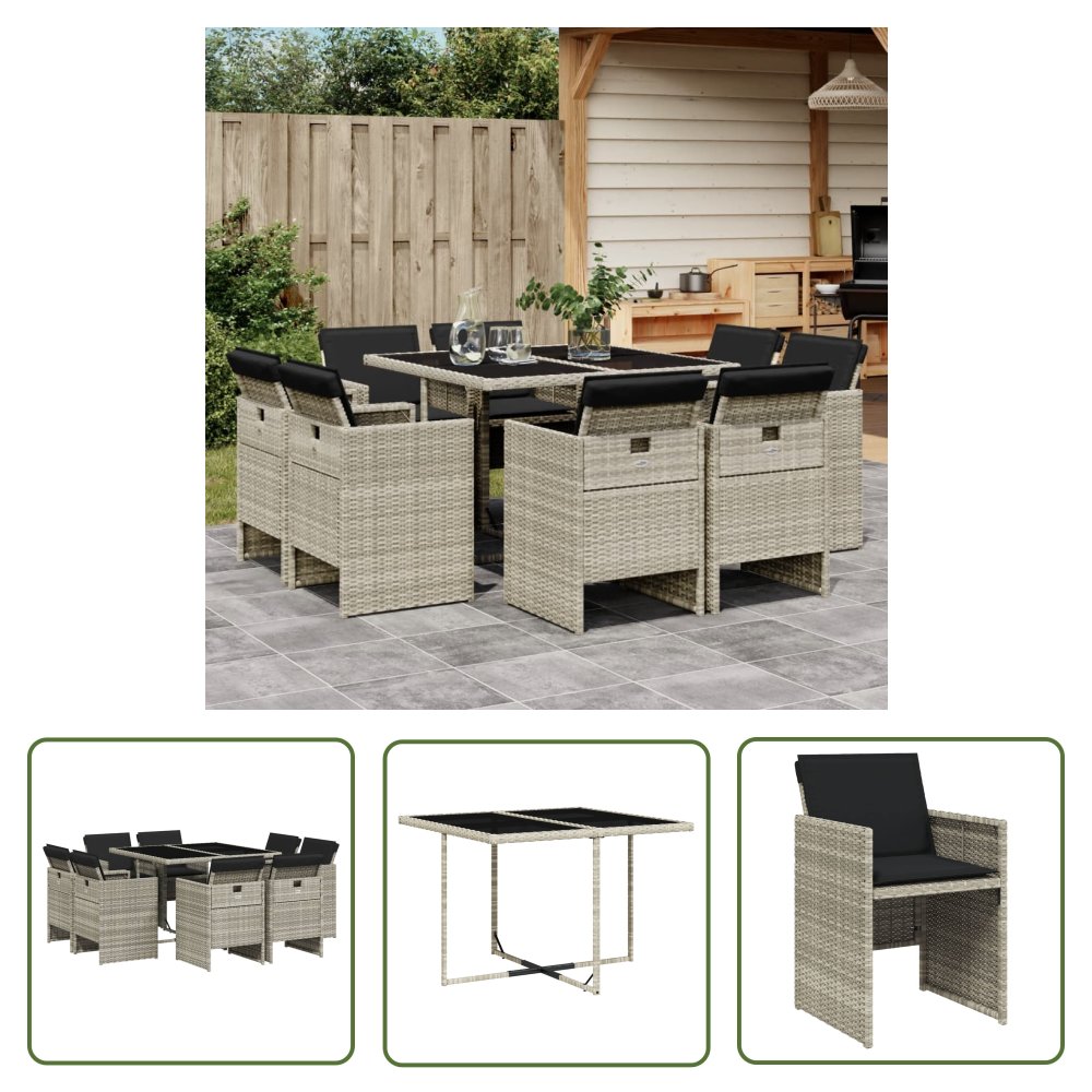 The Living Store 9-cz. zestaw mebli ogrodowych z poduszkami - jasnoszary - Meble Ogrodowe