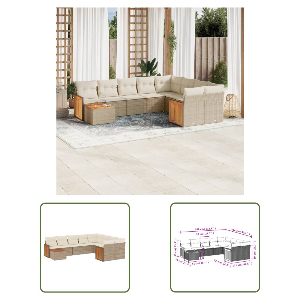 The Living Store 10-cz. zestaw mebli ogrodowych z poduszkami - beżowy - polirattan - Sofa Ogrodowa