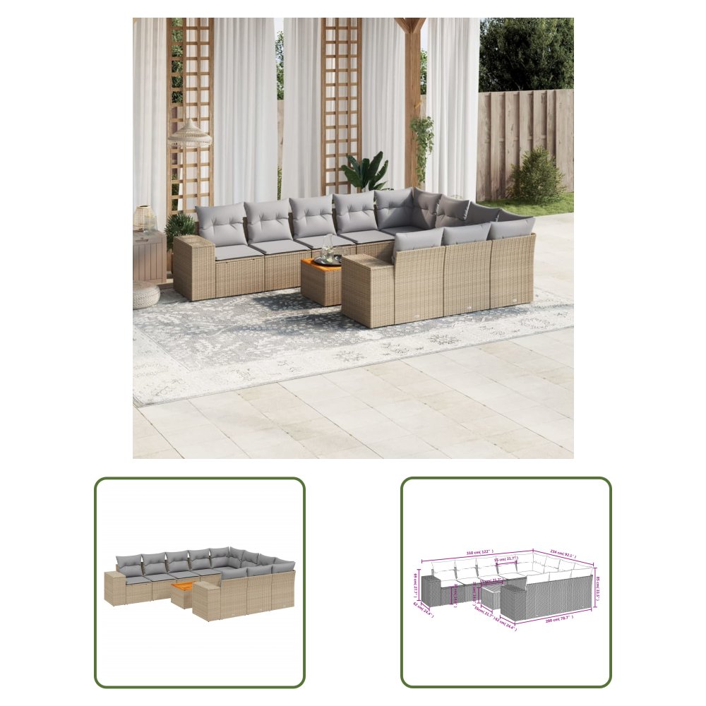 The Living Store 11-cz. zestaw mebli ogrodowych z poduszkami - beżowy - polirattan - Sofa Ogrodowa