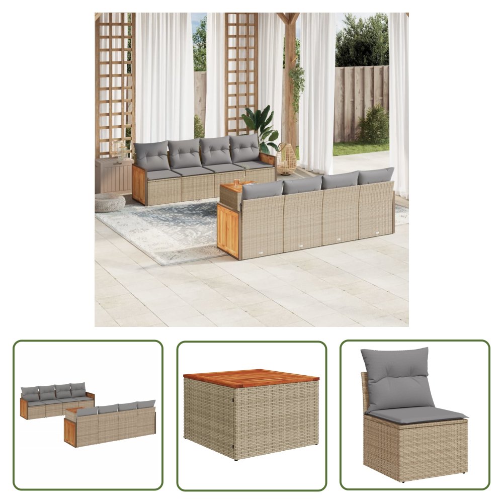 The Living Store 9-cz. zestaw mebli ogrodowych z poduszkami - beżowy - polirattan - Sofa Ogrodowa