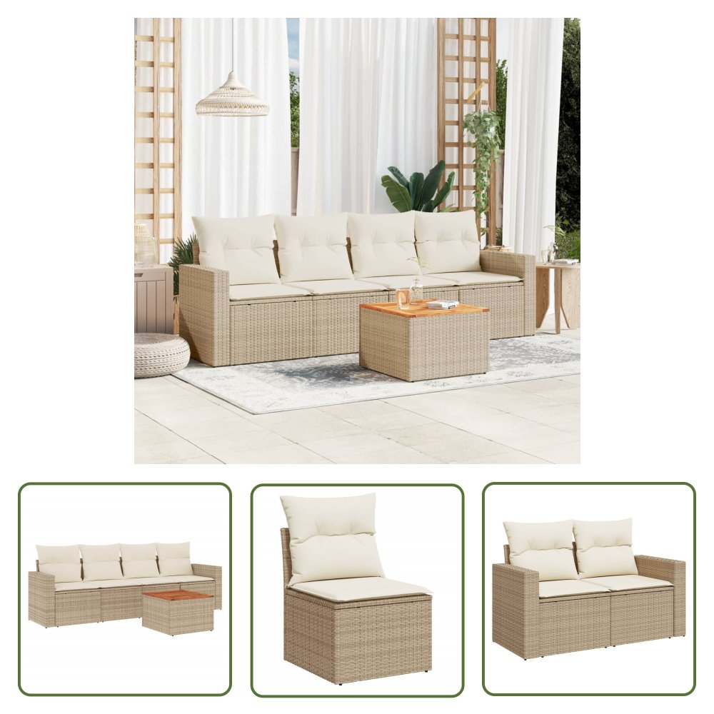 The Living Store 5-cz. zestaw mebli ogrodowych z poduszkami - beżowy - polirattan - Sofa Ogrodowa