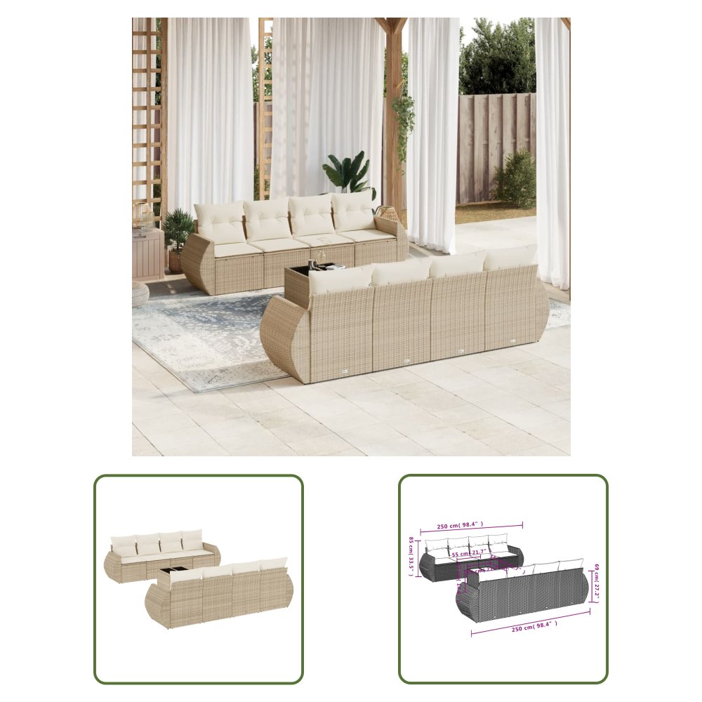 The Living Store 9-cz. zestaw mebli ogrodowych z poduszkami - beżowy - polirattan - Sofa Ogrodowa