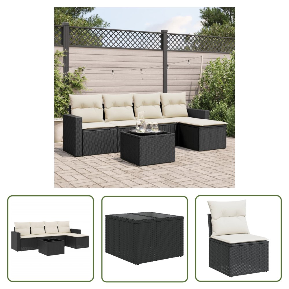 The Living Store 6-cz. zestaw mebli ogrodowych z poduszkami - czarny polirattan - Sofa Ogrodowa