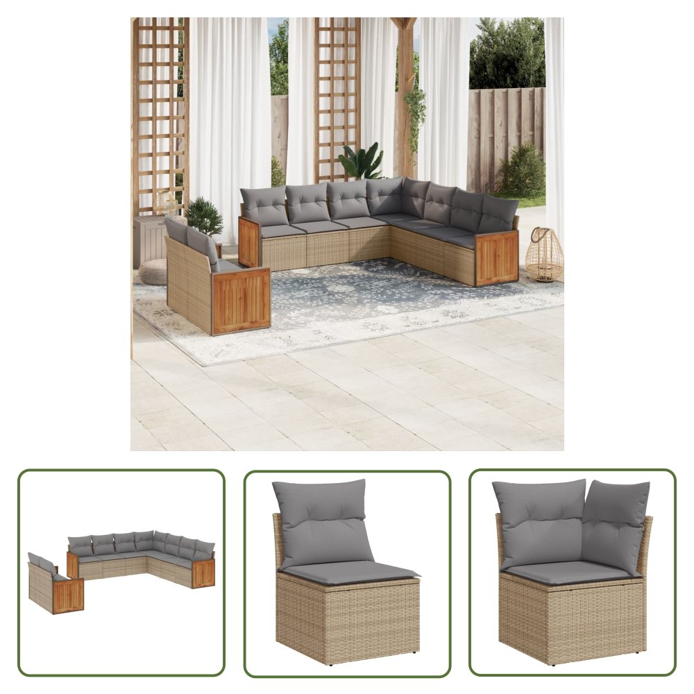 The Living Store 9-cz. zestaw mebli ogrodowych z poduszkami - beżowy - polirattan - Sofa Ogrodowa