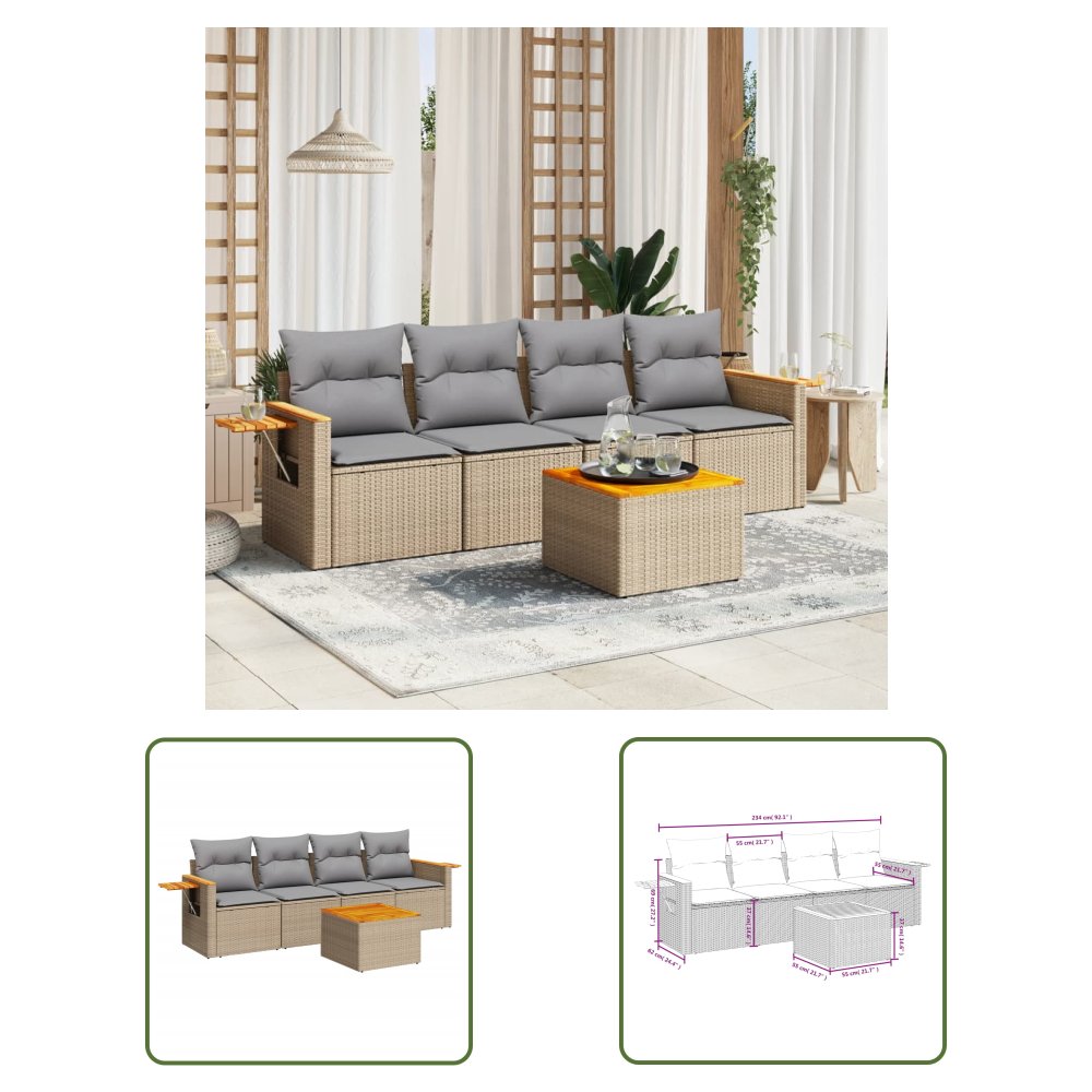 The Living Store 5-cz. zestaw mebli ogrodowych z poduszkami - beżowy - polirattan - Sofa Ogrodowa