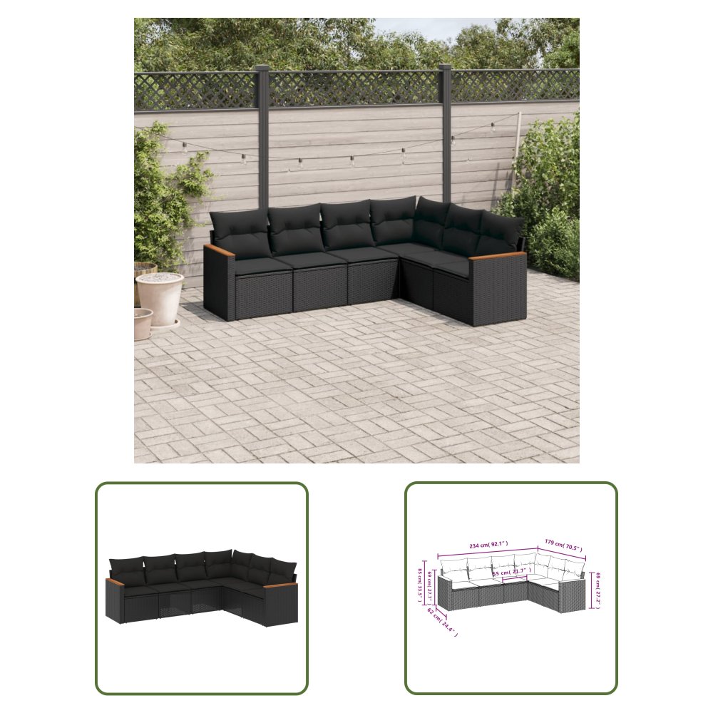 The Living Store 6-cz. zestaw mebli ogrodowych z poduszkami - czarny polirattan - Sofa Ogrodowa