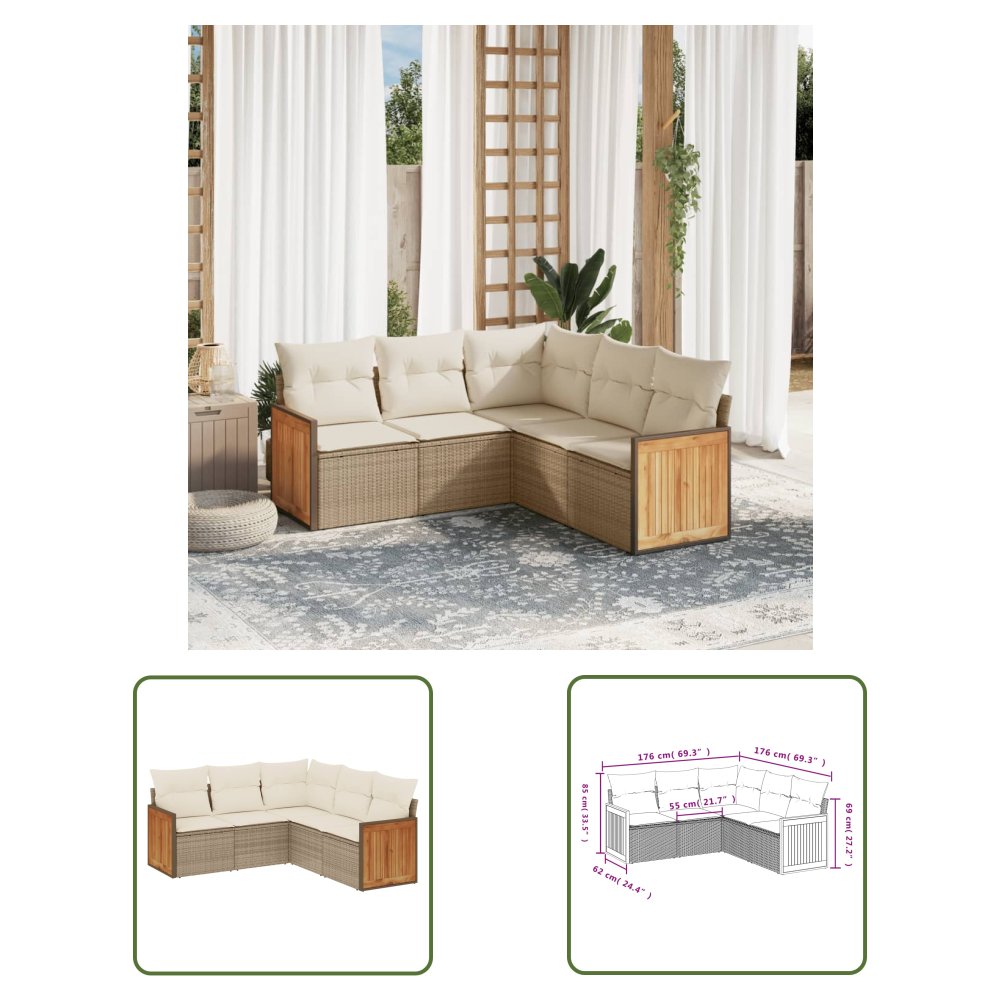 The Living Store 5-cz. zestaw mebli ogrodowych z poduszkami - beżowy - polirattan - Sofa Ogrodowa
