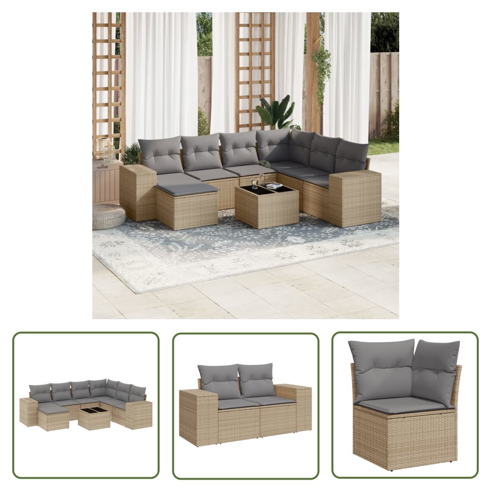 The Living Store 8-cz. zestaw mebli ogrodowych z poduszkami - beżowy - polirattan - Sofa Ogrodowa