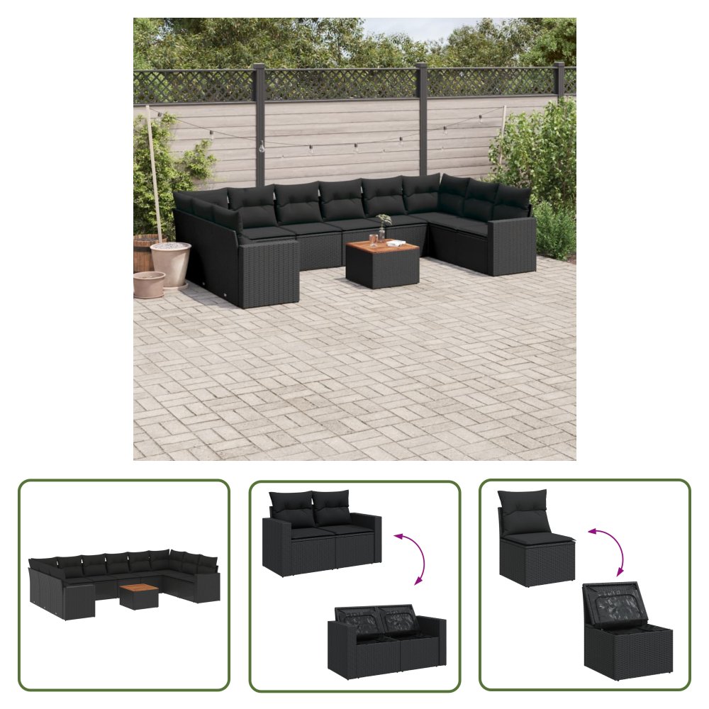 The Living Store 11-cz. zestaw wypoczynkowy do ogrodu - poduszki czarny rattan PE - Sofa Ogrodowa