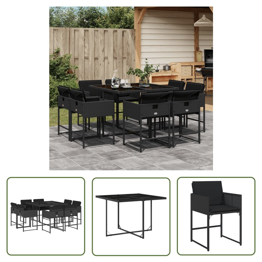 The Living Store 9-cz. zestaw mebli ogrodowych z poduszkami - czarny - rattan PE - Meble Ogrodowe