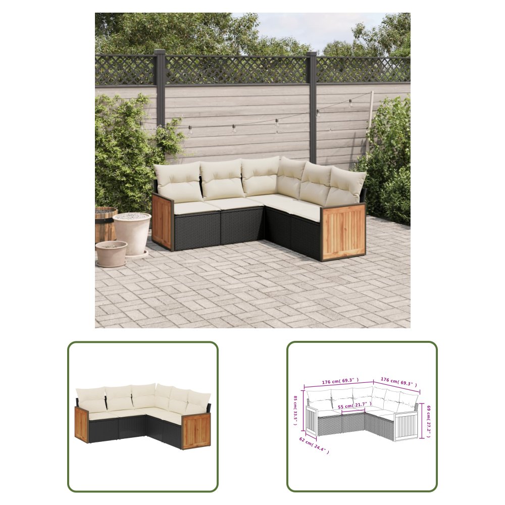 The Living Store 5-cz. zestaw wypoczynkowy do ogrodu - poduszki - czarny rattan PE - Sofa Ogrodowa