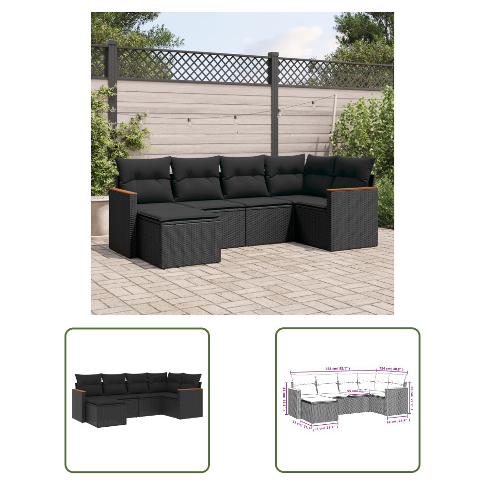 The Living Store 6-cz. zestaw mebli ogrodowych z poduszkami - czarny polirattan - Sofa Ogrodowa