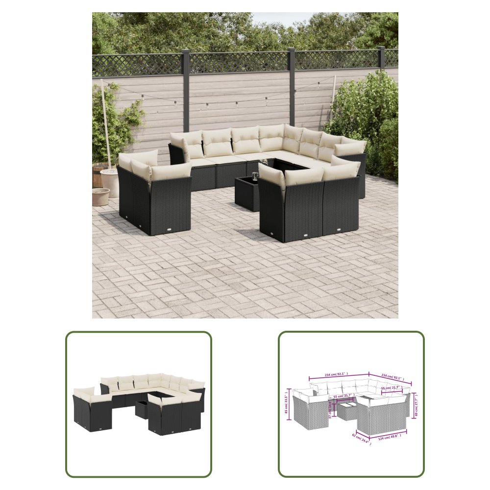 The Living Store 12-cz. zestaw mebli do ogrodu - z poduszkami - czarny - polirattan - Sofa Ogrodowa