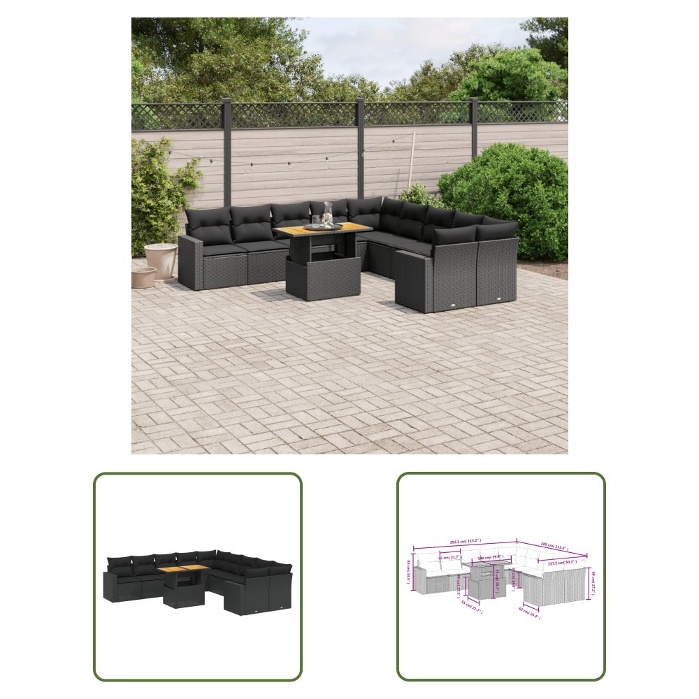 The Living Store 11-cz. zestaw wypoczynkowy do ogrodu - poduszki czarny rattan PE - Sofa Ogrodowa