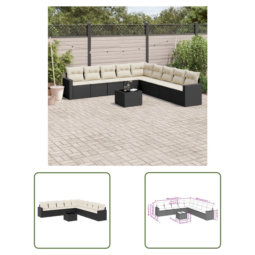 The Living Store 10-cz. zestaw wypoczynkowy do ogrodu - poduszki czarny rattan PE - Sofa Ogrodowa