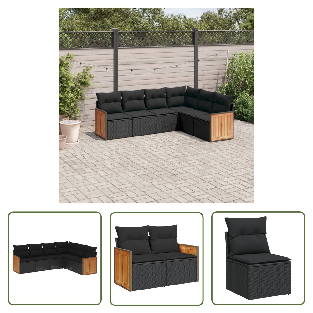 The Living Store 6-cz. zestaw mebli ogrodowych z poduszkami - czarny polirattan - Sofa Ogrodowa
