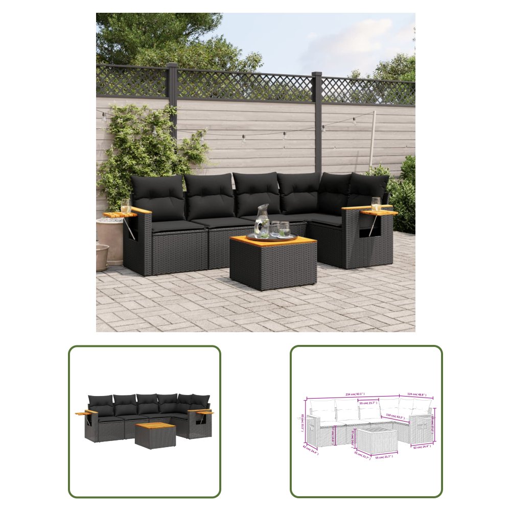 The Living Store 6-cz. zestaw mebli ogrodowych z poduszkami - czarny polirattan - Sofa Ogrodowa