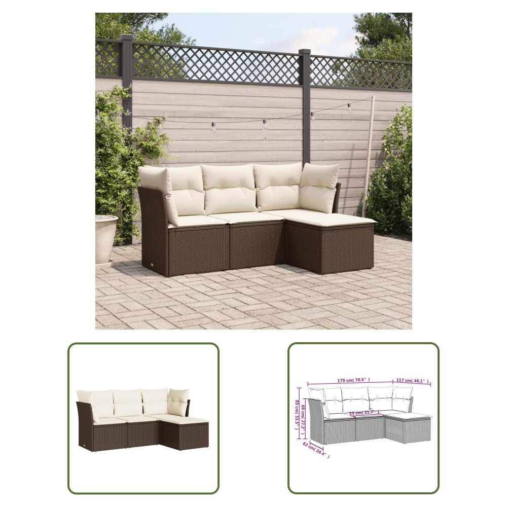 The Living Store 4-cz zestaw wypoczynkowy do ogrodu - poduszki - brązowy rattan PE - Sofa Ogrodowa