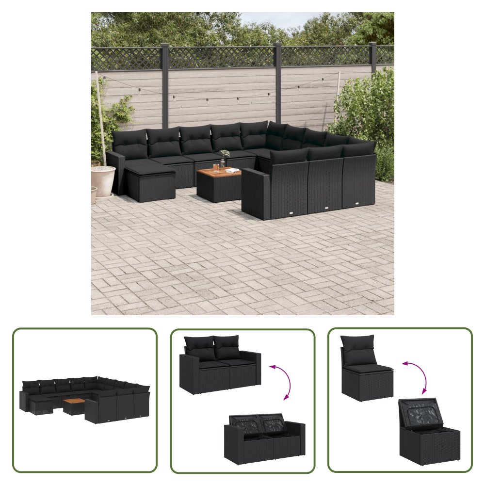 The Living Store 13-cz. zestaw mebli do ogrodu - poduszki - czarny - rattan PE - Sofa Ogrodowa