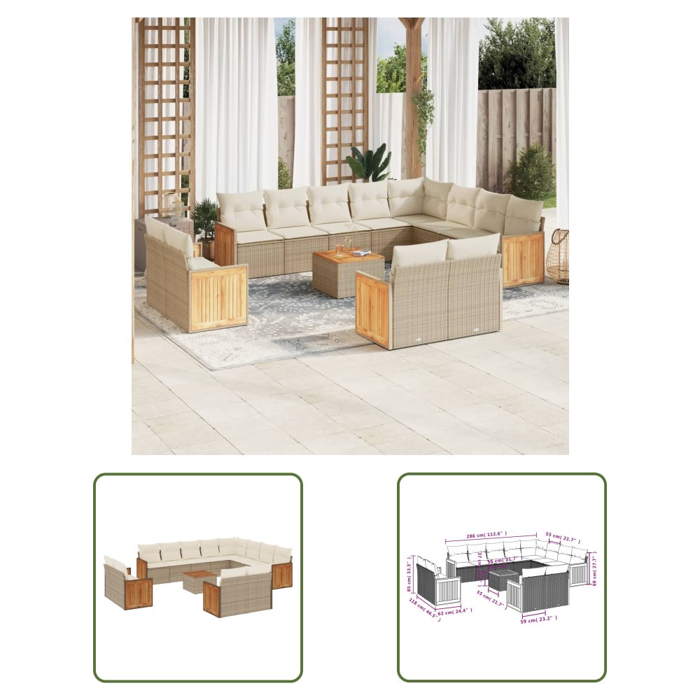 The Living Store 13-cz. zestaw mebli ogrodowych z poduszkami - beżowy - polirattan - Sofa Ogrodowa