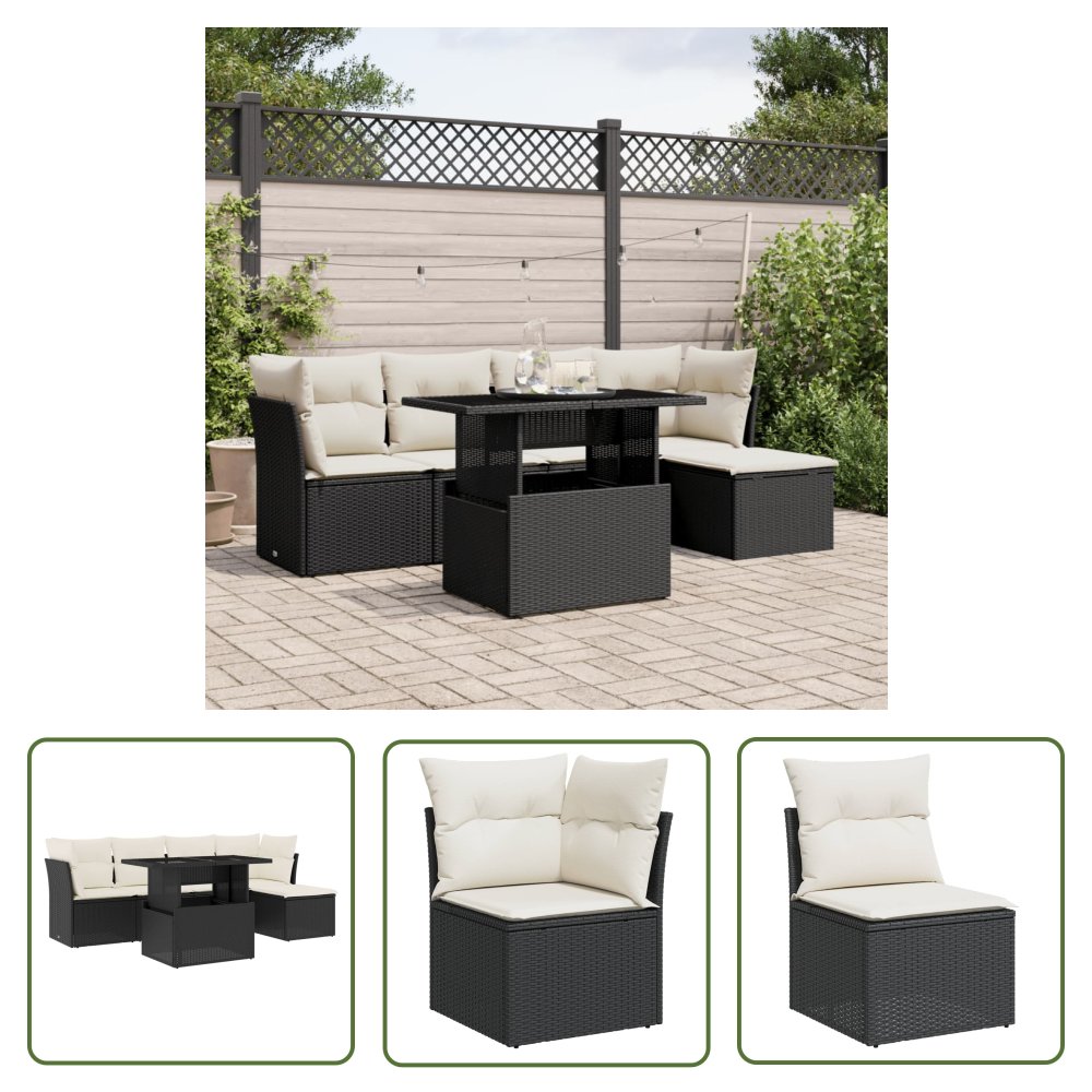 The Living Store 6-cz. zestaw mebli ogrodowych z poduszkami - czarny polirattan - Sofa Ogrodowa