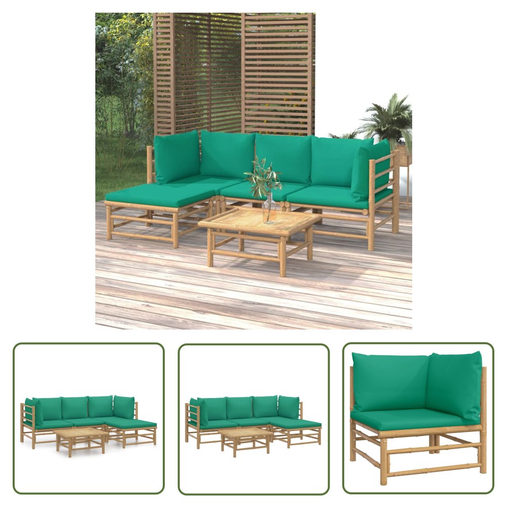 The Living Store 5-cz. zestaw mebli do ogrodu - zielone poduszki - bambusowy - Zestaw Wypoczynkowy Do Ogrodu