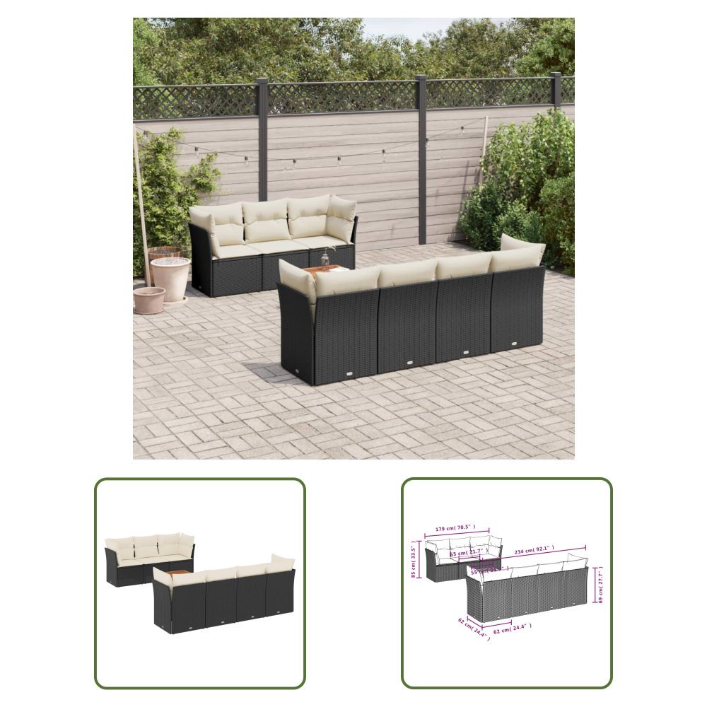 The Living Store 8-cz. zestaw wypoczynkowy do ogrodu - z poduszkami - czarny - Sofa Ogrodowa