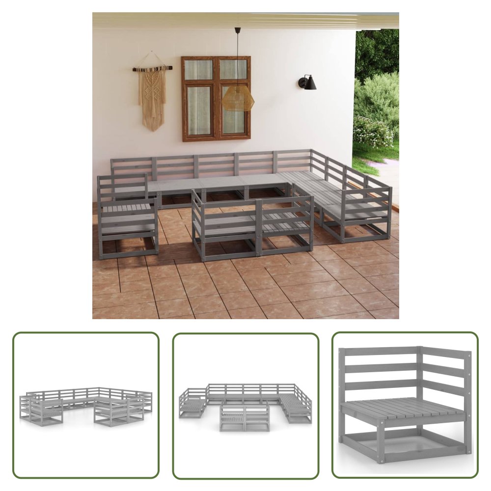 The Living Store 12-cz. zestaw mebli wypoczynkowych do ogrodu - szary - sosnowy - Zestaw Wypoczynkowy Do Ogrodu