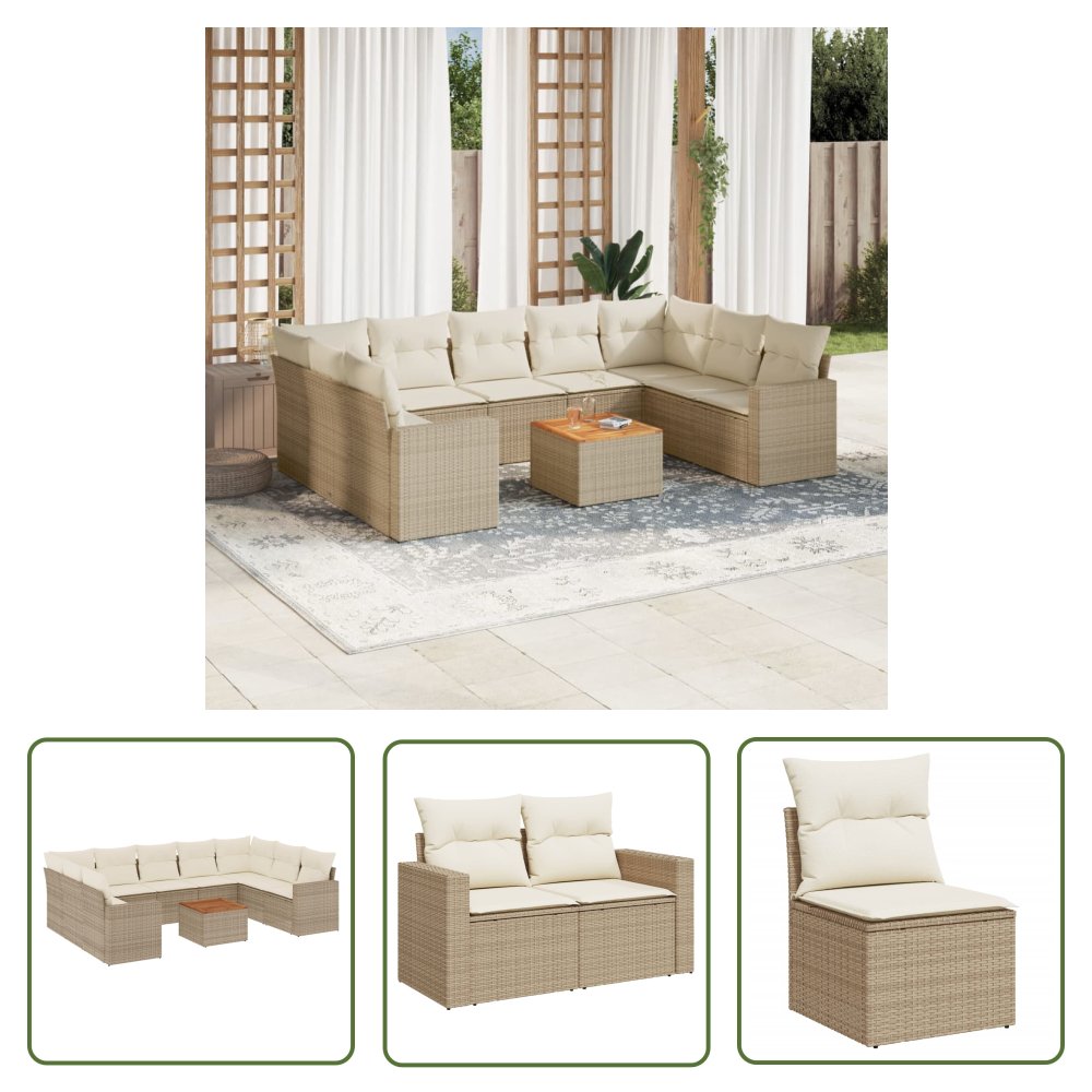 The Living Store 10-cz. zestaw mebli ogrodowych z poduszkami - beżowy - polirattan - Sofa Ogrodowa