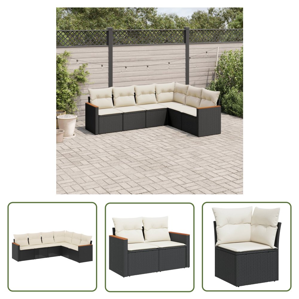 The Living Store 6-cz. zestaw mebli ogrodowych z poduszkami - czarny polirattan - Sofa Ogrodowa