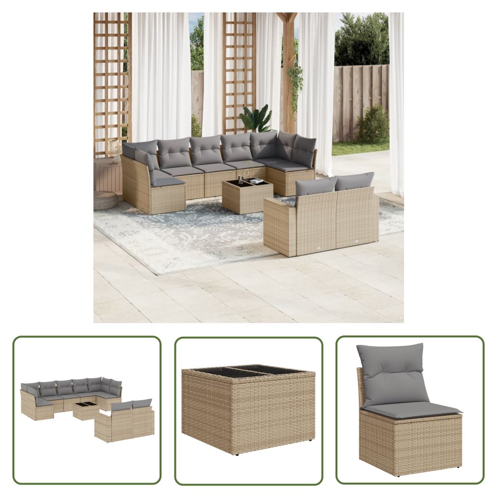 The Living Store 10-cz. zestaw mebli ogrodowych z poduszkami - beżowy - polirattan - Sofa Ogrodowa