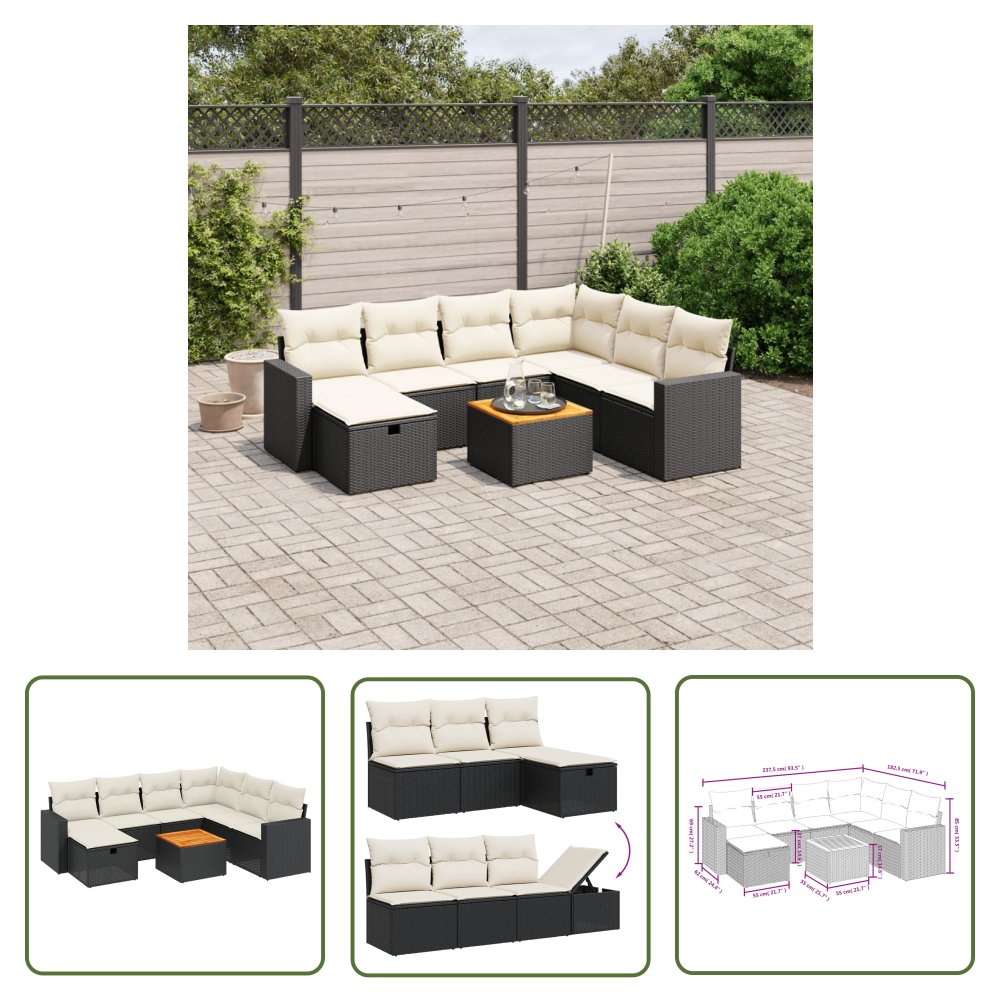 The Living Store 8-cz. zestaw wypoczynkowy do ogrodu - z poduszkami - czarny - Sofa Ogrodowa