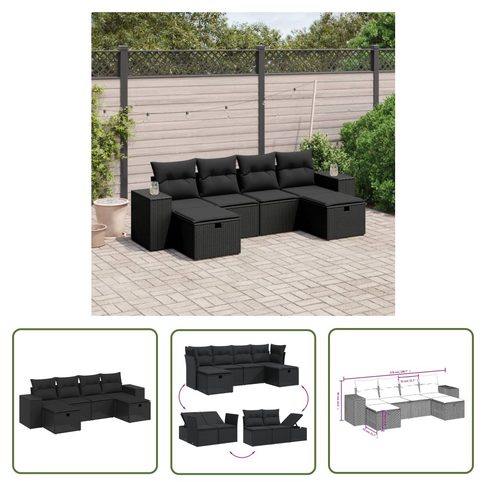 The Living Store 6-cz. zestaw mebli ogrodowych z poduszkami - czarny polirattan - Sofa Ogrodowa