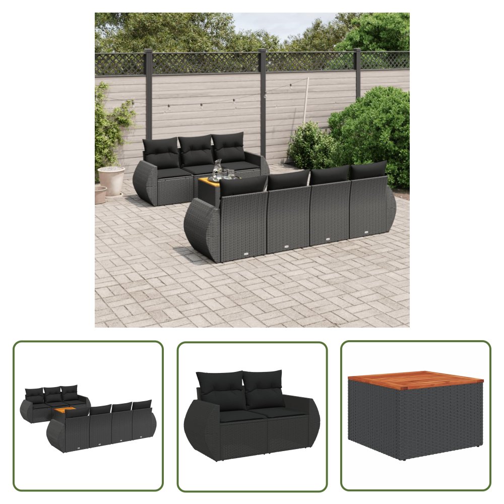 The Living Store 8-cz. zestaw wypoczynkowy do ogrodu - z poduszkami - czarny - Sofa Ogrodowa
