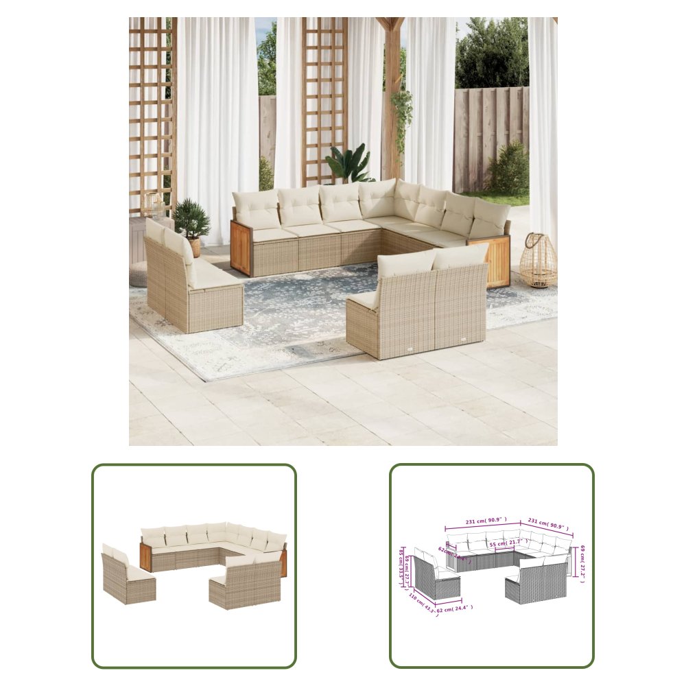 The Living Store 11-cz. zestaw mebli ogrodowych z poduszkami - beżowy - polirattan - Sofa Ogrodowa
