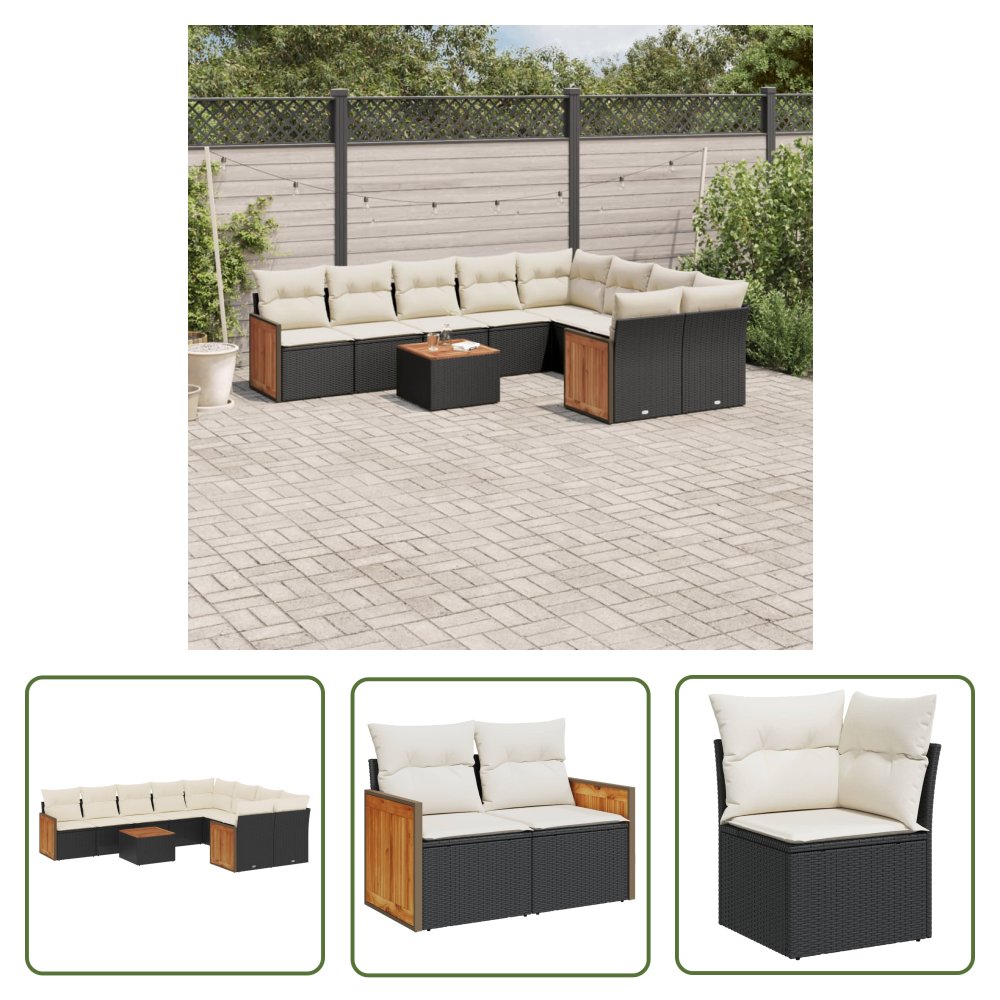 The Living Store 10-cz. zestaw wypoczynkowy do ogrodu - poduszki czarny rattan PE - Sofa Ogrodowa