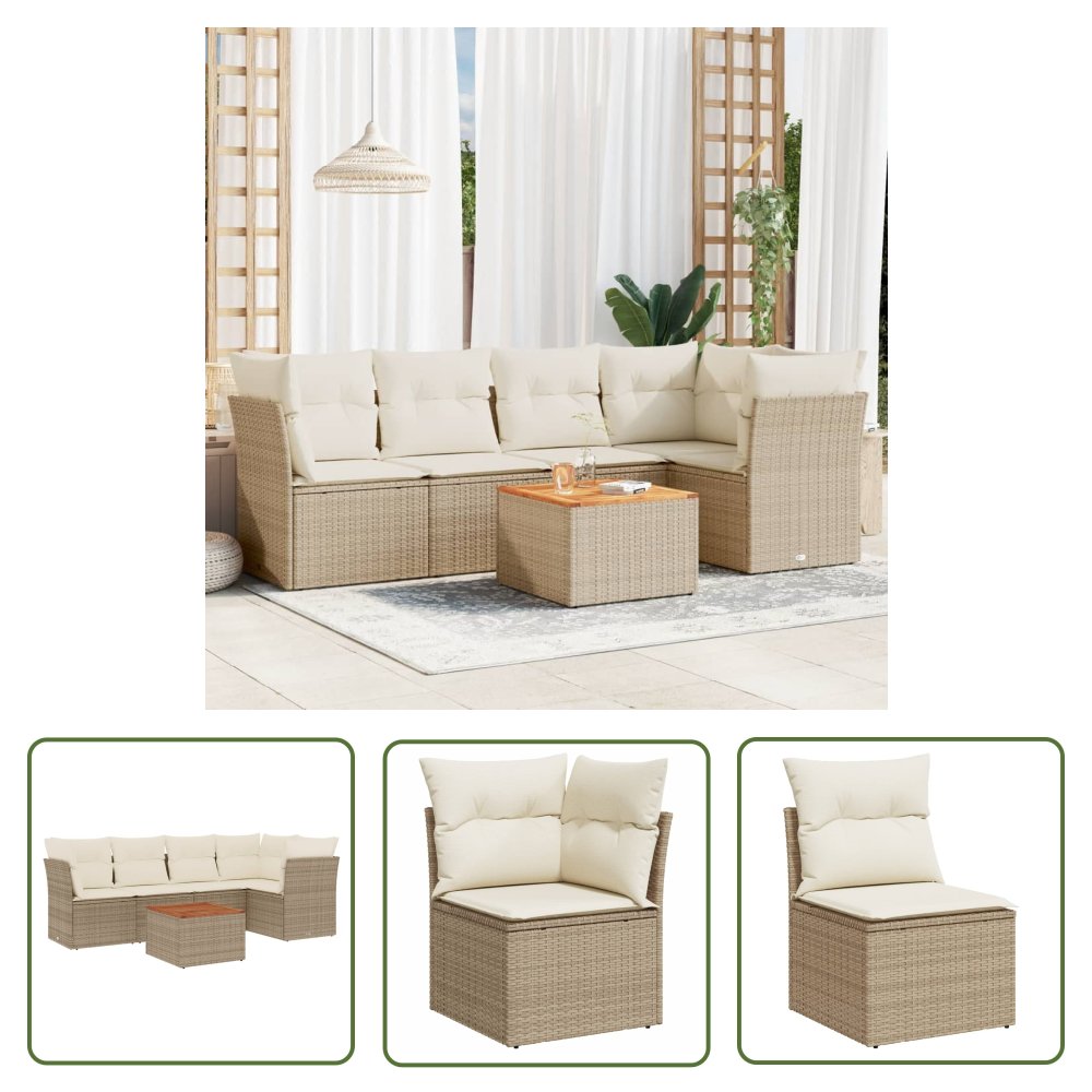 The Living Store 6-cz. zestaw mebli ogrodowych z poduszkami - beżowy - polirattan - Sofa Ogrodowa